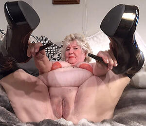 granny with respect to heels poses naked
